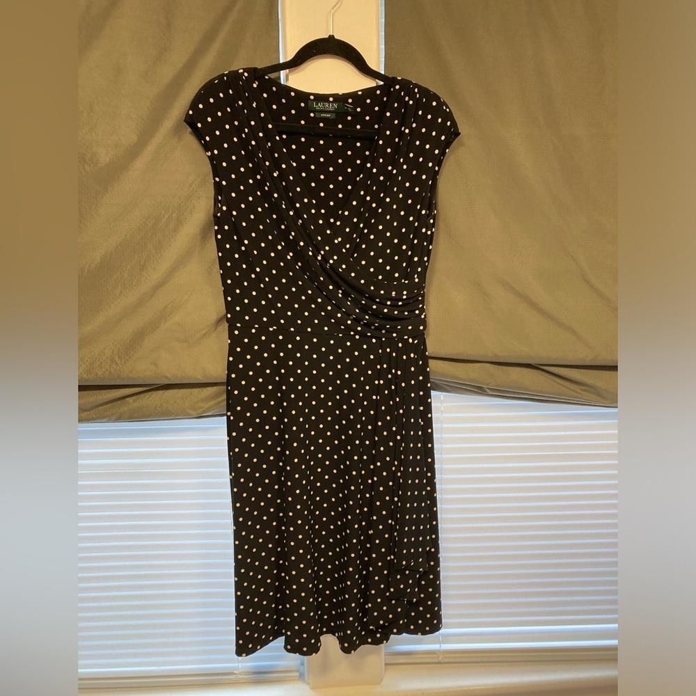 Ralph Lauren Black and White Faux Wrap Polka Dot A-Line Dress - Size 10 - Picture 8 of 11